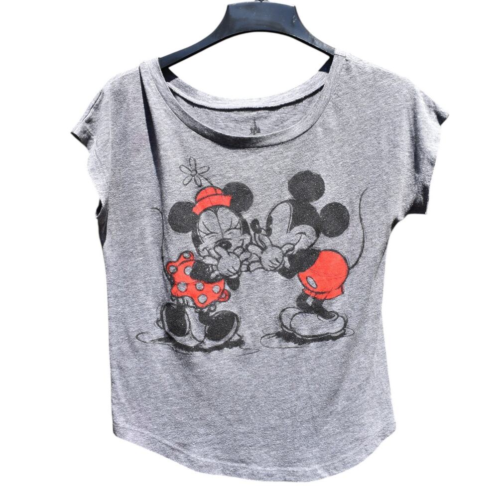 Disney Parks Glitter MICKEY AND MINNIE Mouse Flirting Gray Womens Shirt Small